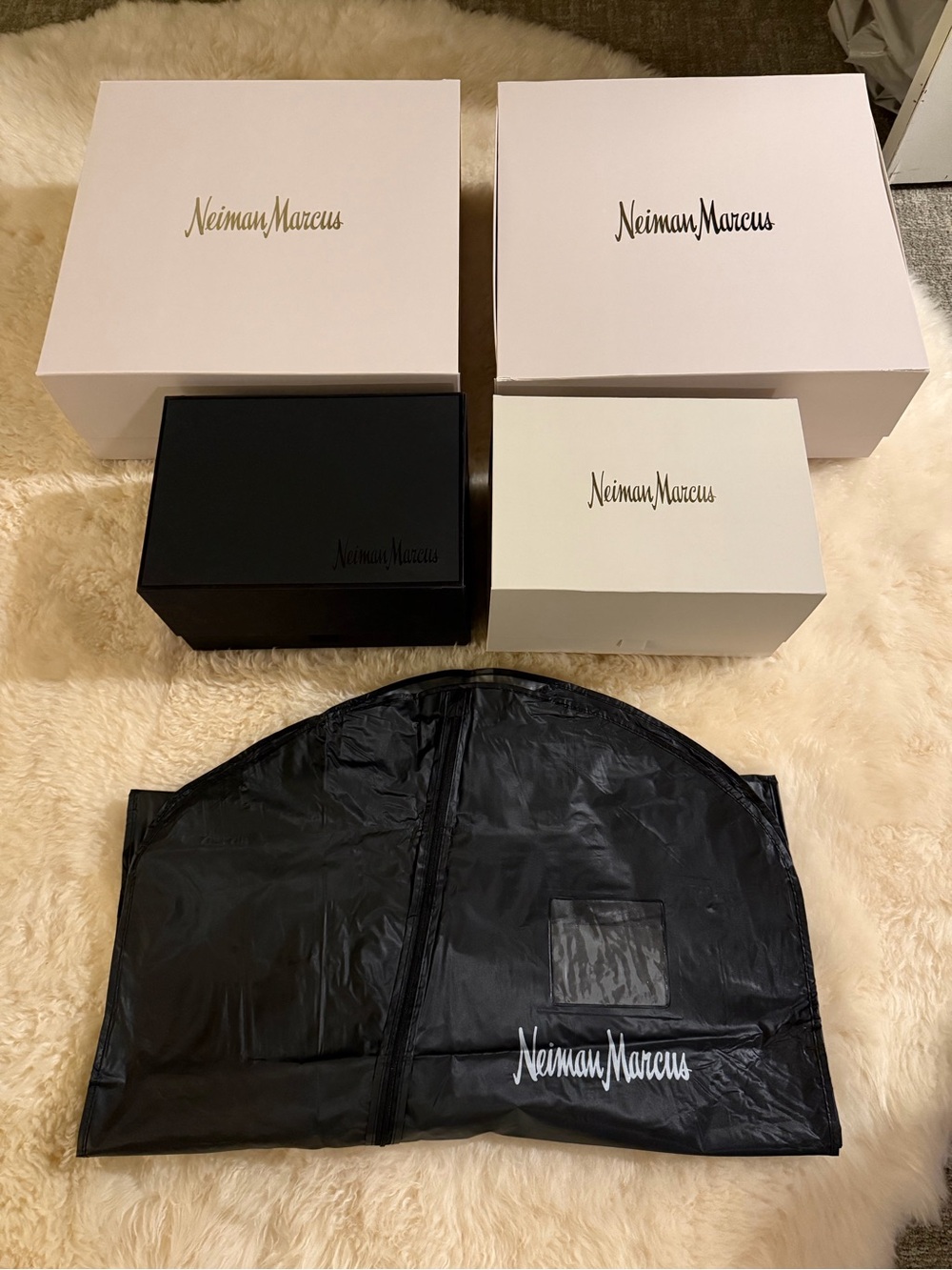Neiman Marcus Black and White Storage Boxes & Garment Bag Set